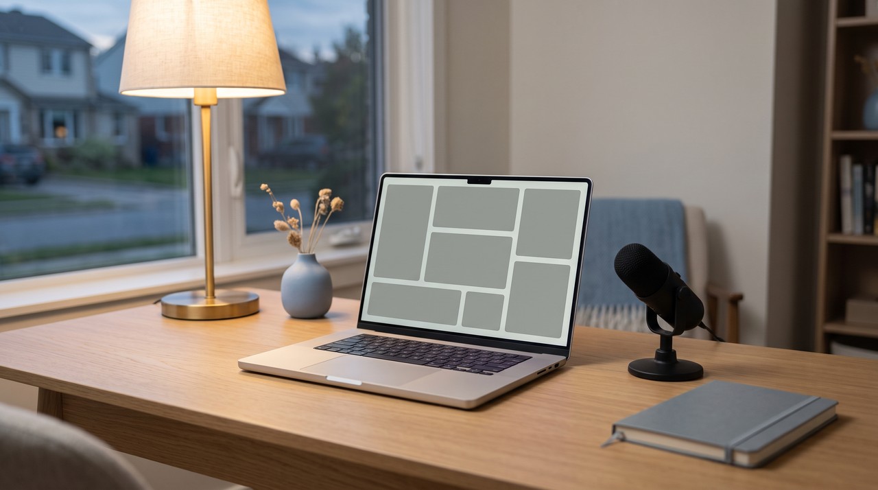 A laptop and a small microphone on a desk lit by a lamp, where a voice is cloned offline
