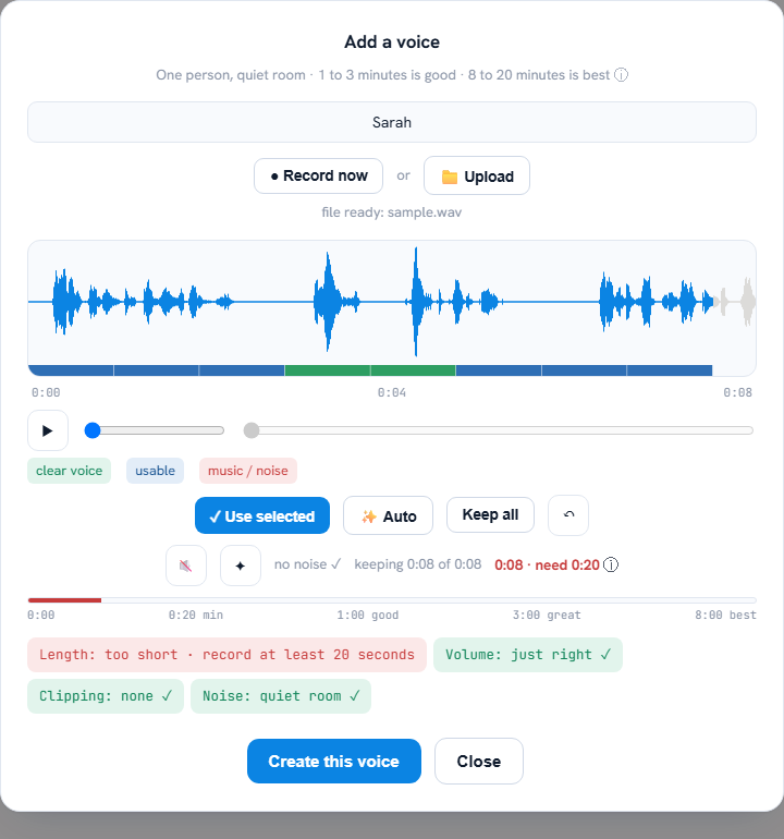 The add a voice window, trimming a recording down to the clear speech